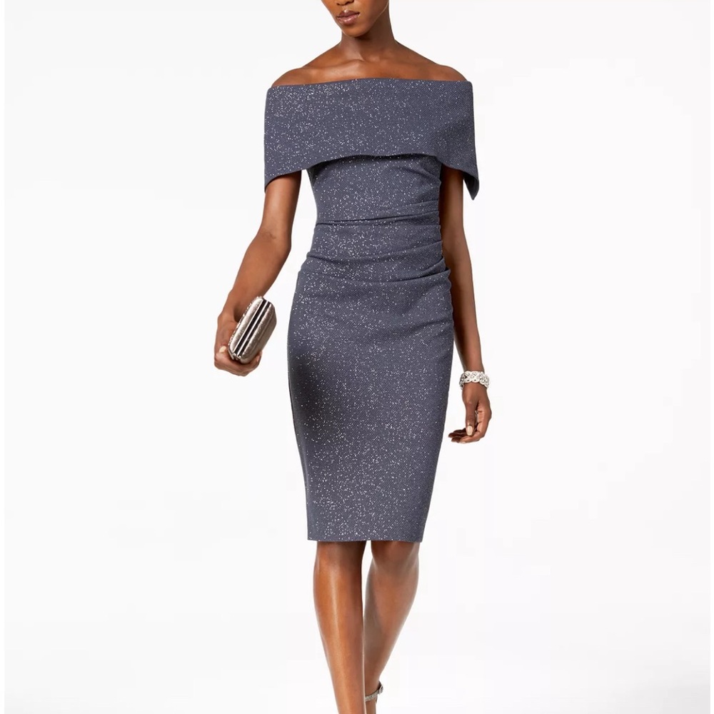 Vince Camuto Off-The-Shoulder Sheath Dress Size 16 Midnight Gray